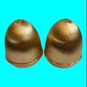 Vtg MCM Napier Salt & Pepper Shakers Gold Tone Textured Egg Shaped Orig Stoppers